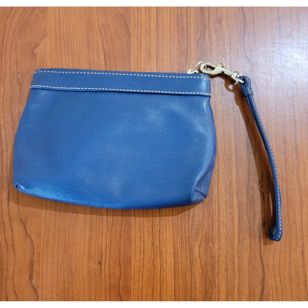 Coach Blue Leather Pleated Wristlet Pouch Zip Top Bag Gold‎ Logo AS IS